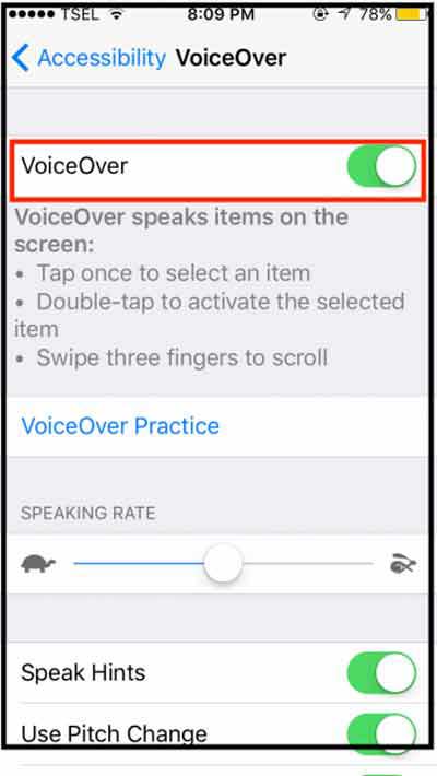 اطمینان از غیر فعال بودن گزینه VoiceOver
